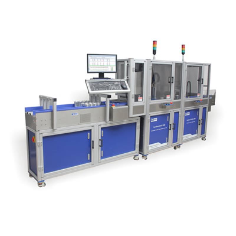 Testador automático de resistência de latas medindo carga axial e flambagem em latas de 2 peças