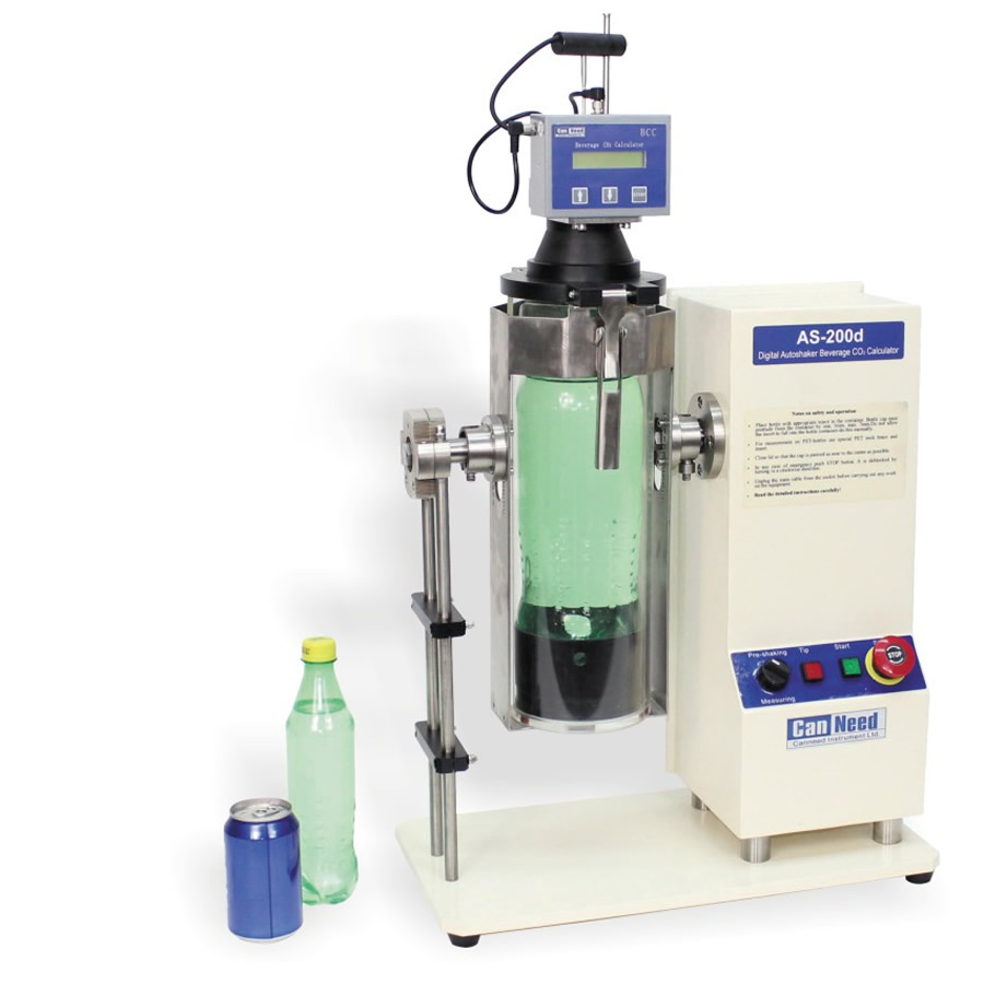 Calculadora digital de CO₂ AutoShaker AS-200d medindo 2.50‑9.99 g/L em garrafas de vidro, garrafas PET e latas