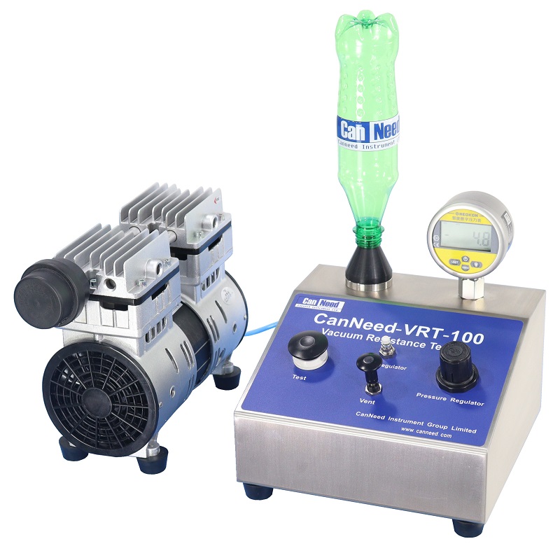 Testador de resistência ao vácuo CanNeed-VRT-100 medindo a deformação de garrafa PET sob vácuo de -90 a 0 kPa