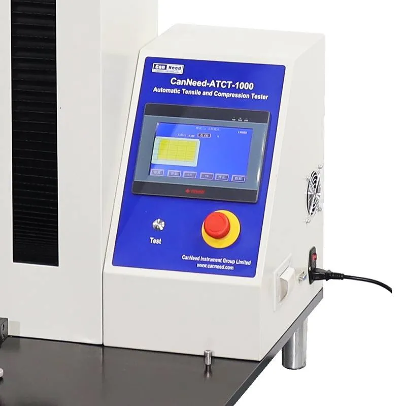 CanNeed-ATCT-1000 com amostra fixada entre as garras do dispositivo de ensaio de tração para filmes, borracha, papel e adesivos