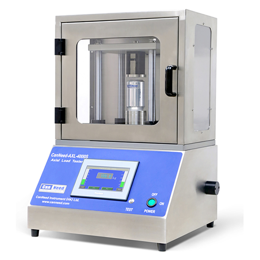 Testador de Carga Axial AXL-4000S para latas de bebidas, medindo a resistência ao esmagamento