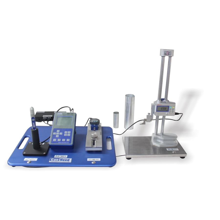 Mesa de medição de latas de aerossol AFMD-200 com indicador digital Mitutoyo de 0,01 mm em bancada de controle de qualidade